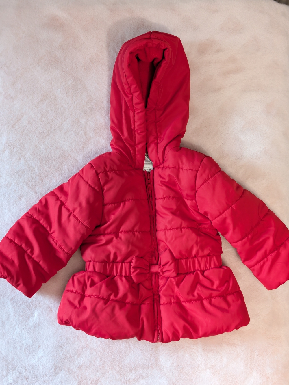 Little Me Bright Red Hooded Puffer Jacket with Bow - Size 12M